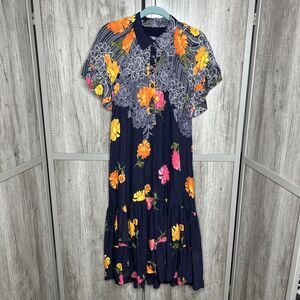 Anthropologie Midi Dress Ruffle Short Sleeve Floral Print Layered Pockets Sz MP
